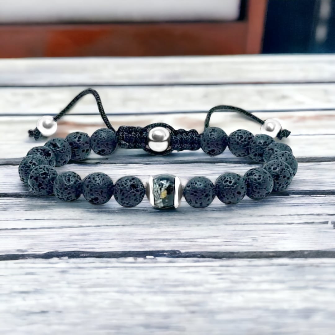 SK - UNISEX - LAVA ROCK AND OBSIDIAN WITH ASHES - bead or disk option - see photos