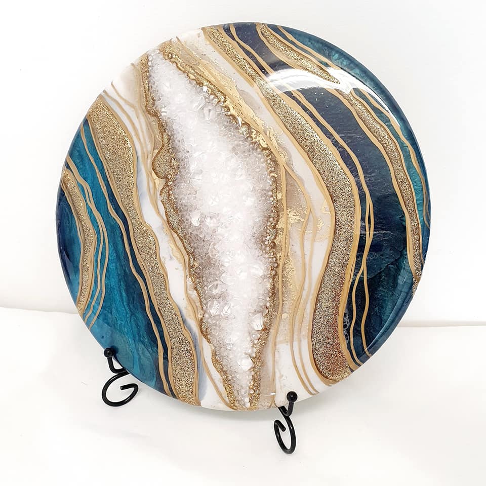 Stunning teal and gold geode for ashes (12" round) SEE VIDEO introductory offer - fast turn around