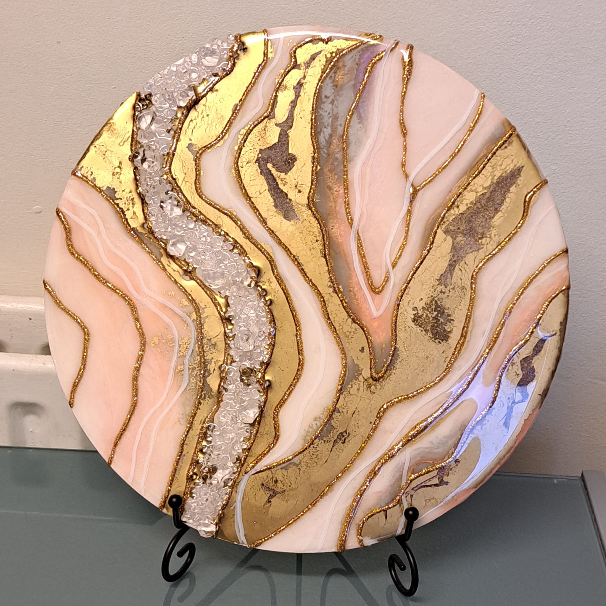 Large hint of peach white gold breastmilk geode art - only one - see video.