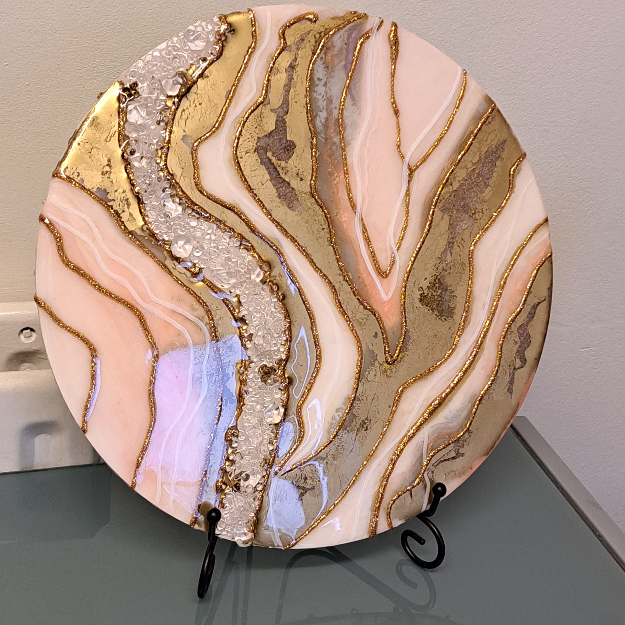 Large hint of peach white gold breastmilk geode art - only one - see video.