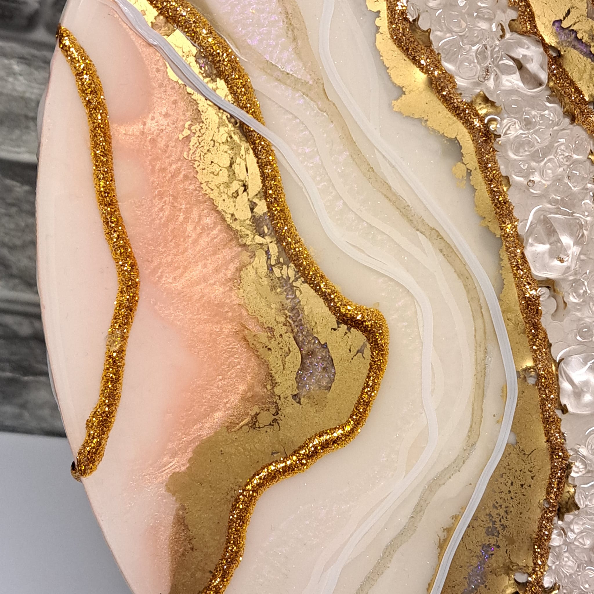 Large hint of peaches and cream, white gold ashes geode art - only one - see video.